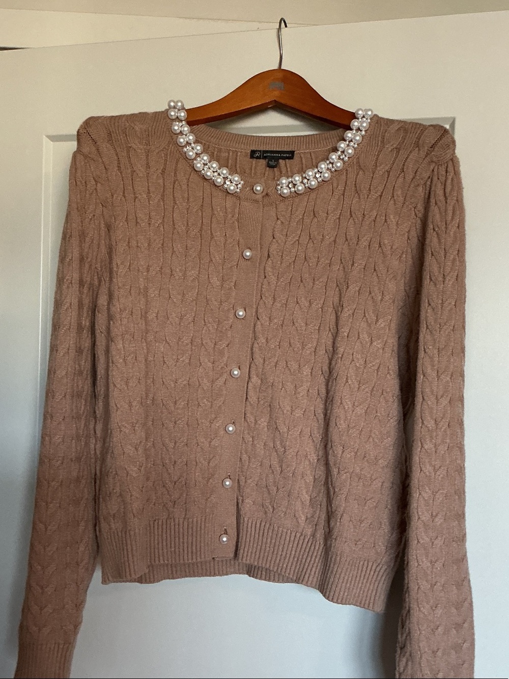 Adrianna Papell Blush Cable Knit Pearl Collar Cardigan